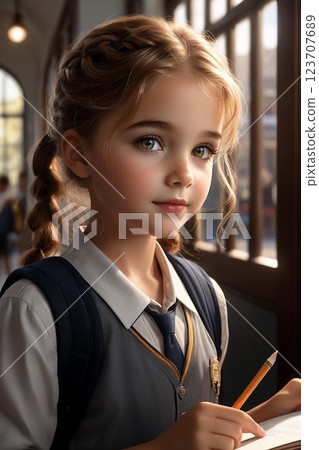 A female student studying at school with a pencil in her hand 123707689