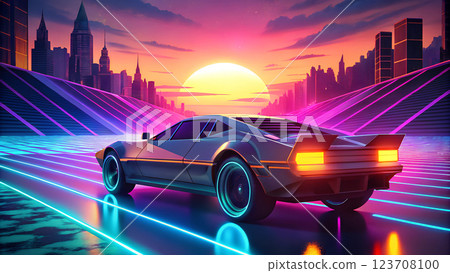 Retro-Futuristic Car with Neon Glow on Sunset Horizon 123708100