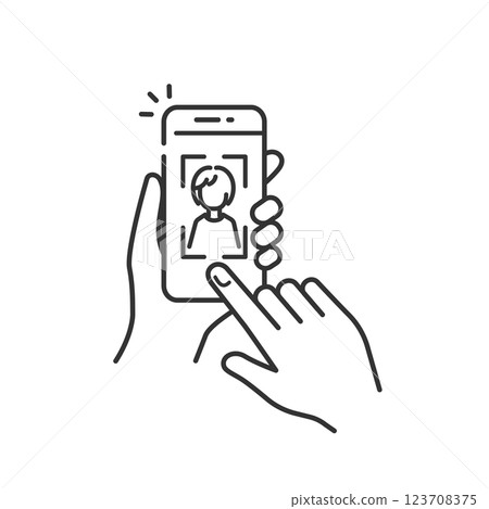 Icon for taking a photo with a smartphone, performing facial recognition and identity verification (biometric authentication, eKYC) 123708375