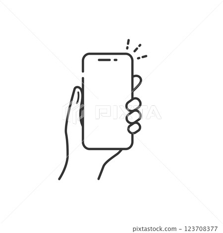 一隻手握著智慧型手機的模型圖示（簡單的線條畫，單色） 123708377