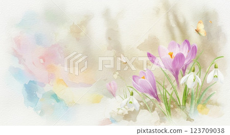 春天的水彩畫，描繪了在融化的雪溪旁盛開的花朵和蝴蝶 123709038