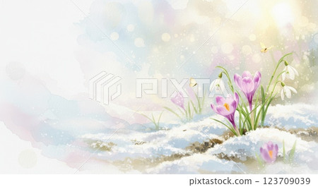春天的水彩畫，描繪了在融化的雪溪旁盛開的花朵和蝴蝶 123709039