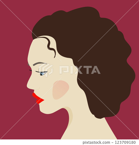 Portrait of a fashion woman. The head in profile of a European brunette woman. Face of girl. Flat design for for landing page, banner, social Media Avatar. Color vector illustration 123709180
