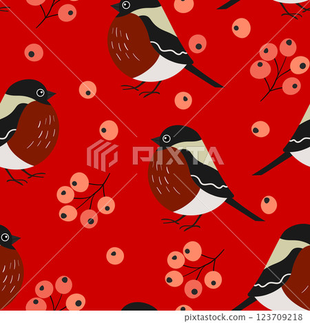 Seamless pattern with funny colorful bullfinch birds, flowers and berries. Color flat vector illustration with little cartoon bird. Cute characters. Design for invitation, card, textile, fabric 123709218