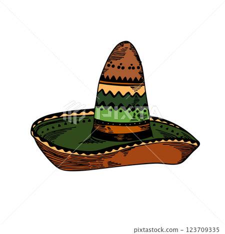 Mexican ethnic sombrero hat isolated element. Vector drawing illustration for icon, game, packaging, banner. Wild west, Mexico concept. Traditional Mexican wide brimmed hat 123709335