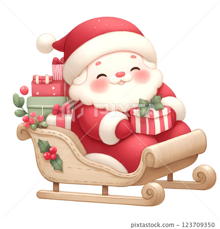 Santa Claus on sleigh with gift boxes Santa Claus on sleigh with gift boxes 123709350