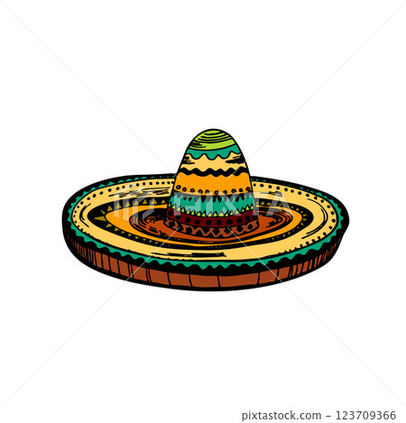 Mexican ethnic sombrero hat isolated element. Vector drawing illustration for icon, game, packaging, banner. Wild west, Mexico concept. Traditional Mexican wide brimmed hat 123709366