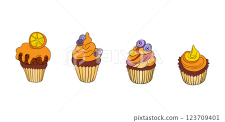 Muffin cake, sweet cupcake with cream, delicious pastries. Modern vector illustration, logo for cafe, restaurant, pastry shop. Dessert icon. Symbol for a candy bar Muffin cake, sweet cupcake with cream, delicious pastries. Modern vector illustration, logo for cafe, restaurant, pastry shop. Dessert icon. Symbol for a candy bar 123709401