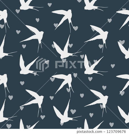Seamless pattern with swallow silhouette on color background. Cute bird in flight. Vector illustration. Doodle style. Design for invitation, poster, card, fabric, textile Seamless pattern with swallow silhouette on color background. Cute bird in flight. Vector illustration. Doodle style. Design for invitation, poster, card, fabric, textile 123709676