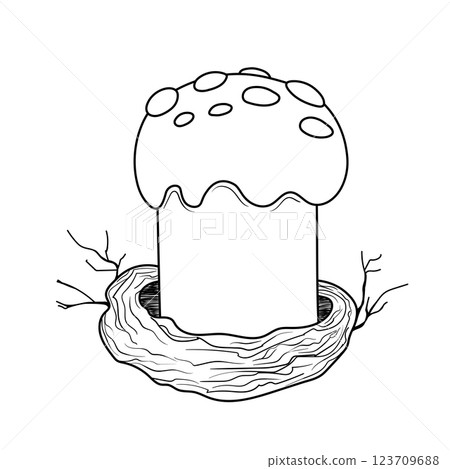 Easter cake in bird's nest isolated on white background. Hand drawn Happy Easter symbol. Paschal cake with candle on plate. Vector stock illustration, template design. Holiday sweet food. Doodle style 123709688