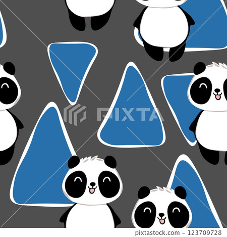 Seamless pattern with cute panda baby on color background. Funny asian animals. Card, postcards for kids. Flat vector illustration for fabric, textile, wallpaper, poster, gift wrapping paper Seamless pattern with cute panda baby on color background. Funny asian animals. Card, postcards for kids. Flat vector illustration for fabric, textile, wallpaper, poster, gift wrapping paper 123709728