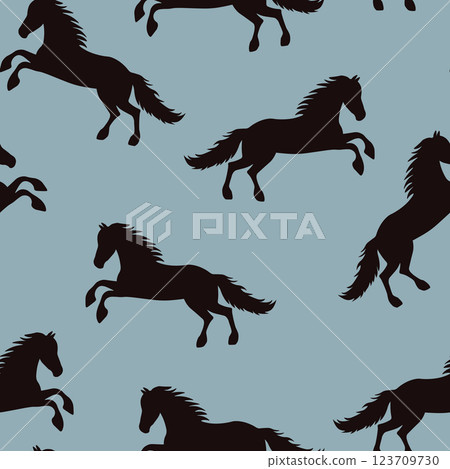 Animal seamless pattern with cartoon horses on color background. Cute holiday illustration with horse. Design for invitation, poster, card, fabric, textile, wrapper 123709730