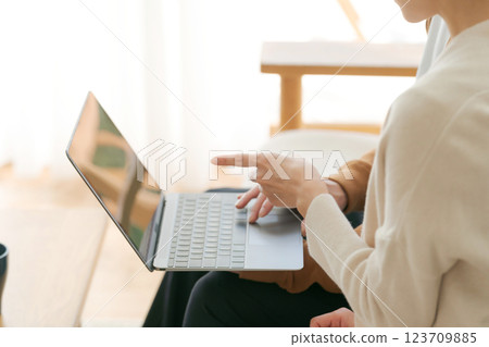 The hands of a couple sitting on a sofa and looking at a computer 123709885