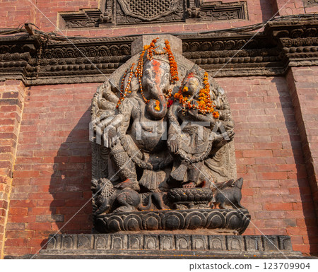 The stone sculpture of Ganesha the lord of success in Hindu religion, Kathmandu, Nepal. 123709904