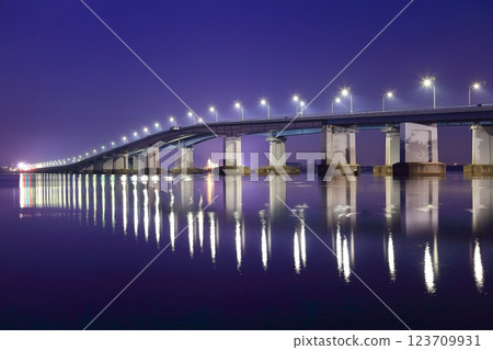 [Shiga Prefecture] Symmetrical night view of Lake Biwa Bridge 123709931