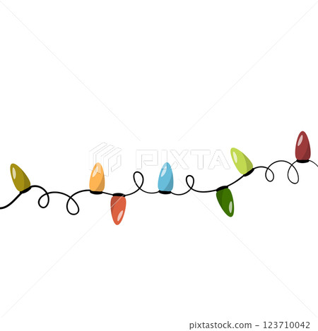 Garland illuminate lightbulbs. Vector realistic glowing colorful christmas lights. National lights day. Vector colorful holiday Christmas New Year 123710042