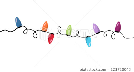 Garland illuminate lightbulbs. Vector realistic glowing colorful christmas lights. National lights day. Vector colorful holiday Christmas New Year 123710043