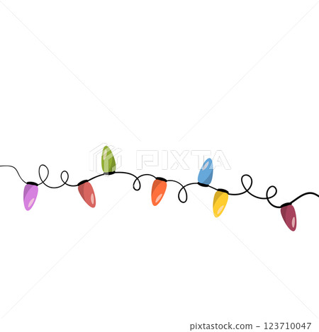 Garland illuminate lightbulbs. Vector realistic glowing colorful christmas lights. National lights day. Vector colorful holiday Christmas New Year 123710047