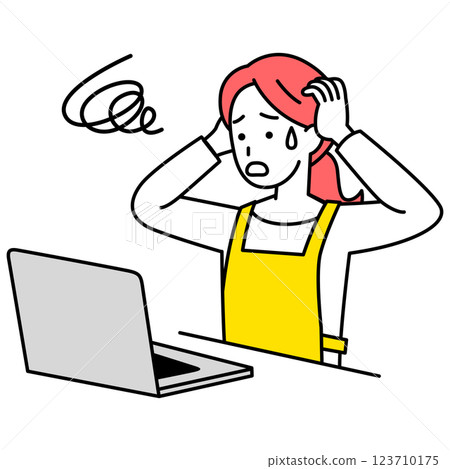 A woman in an apron having trouble with her laptop 123710175