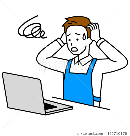 A man in an apron having trouble with a laptop 123710176