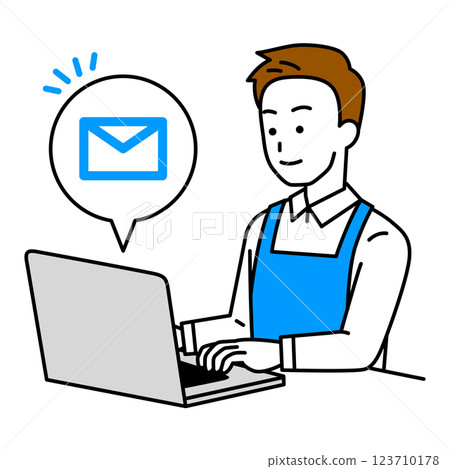 一名身穿圍裙的男子在筆記型電腦上接收電子郵件 一名身穿圍裙的男子在筆記型電腦上接收電子郵件 123710178