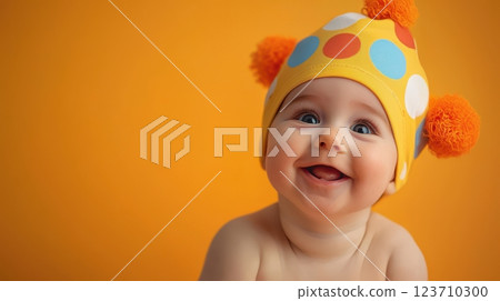 Happy Baby Smiling in Colorful Clown Hat with Pom Poms on Bright Orange Background 123710300