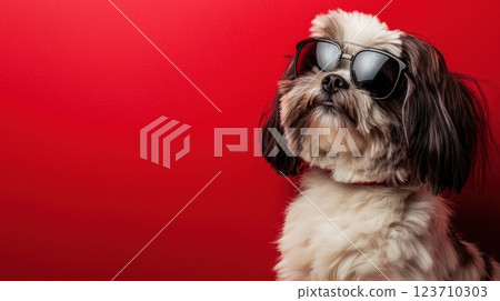 Stylish Dog in Sunglasses Posing Against a Bright Red Background with a Confident Expression and Playful Vibe 123710303