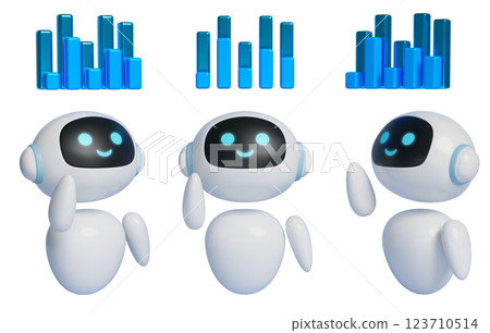 AI character 3D graphics showing a bar graph floating in the air AI character 3D graphics showing a bar graph floating in the air 123710514