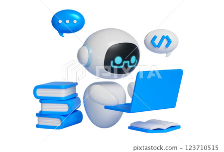 3D graphics of AI character studying in front of laptop 3D graphics of AI character studying in front of laptop 123710515