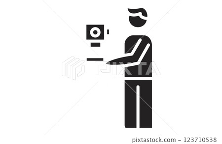 Land and house surveyor icon Line drawing illustration of a technician conducting surveying 123710538