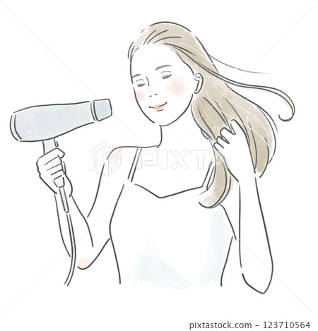 一位美女洗完澡後用吹風機吹乾長髮的插圖 123710564