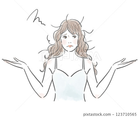 Illustration of a beautiful long-haired woman with messy hair and a troubled face 123710565
