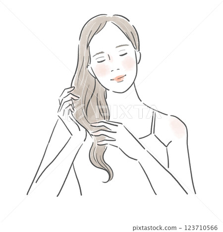 一位長髮美女微笑著做頭髮護理的插圖 一位長髮美女微笑著做頭髮護理的插圖 123710566