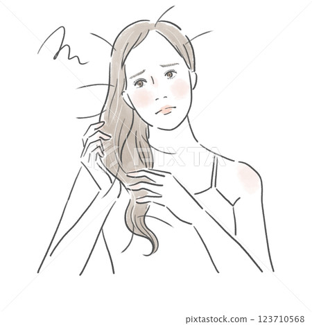 一位美麗女人撫摸自己受損的頭髮並露出憂慮表情的插圖 一位美麗女人撫摸自己受損的頭髮並露出憂慮表情的插圖 123710568