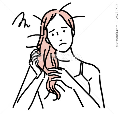 Illustration of a beautiful woman touching her damaged hair and making a troubled face 123710608
