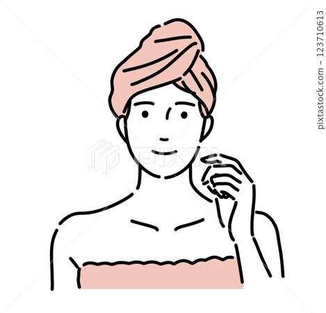 Illustration of a beautiful woman smiling with a towel wrapped around her head Illustration of a beautiful woman smiling with a towel wrapped around her head 123710613