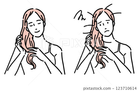一位美麗女人對自己的頭髮護理感到高興和悲傷的插圖 一位美麗女人對自己的頭髮護理感到高興和悲傷的插圖 123710614