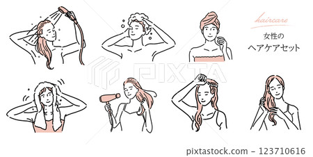 Illustrations of beautiful women taking care of their hair by washing, drying, brushing, etc. 123710616