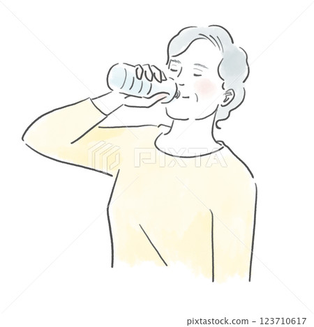 一位健康的白髮老年婦女喝瓶裝水以防中暑的插圖 123710617