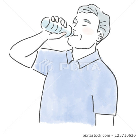 一位健康的中年男子喝瓶裝水預防中暑的插圖 123710620