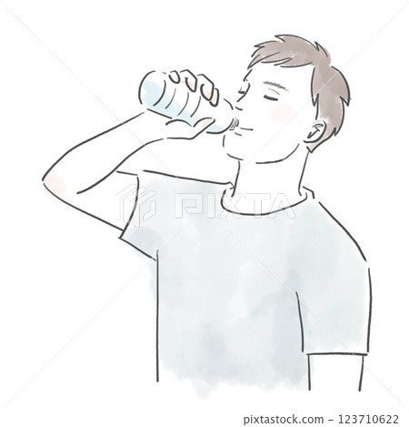 健康男子用塑膠瓶喝水預防中暑的圖示 123710622