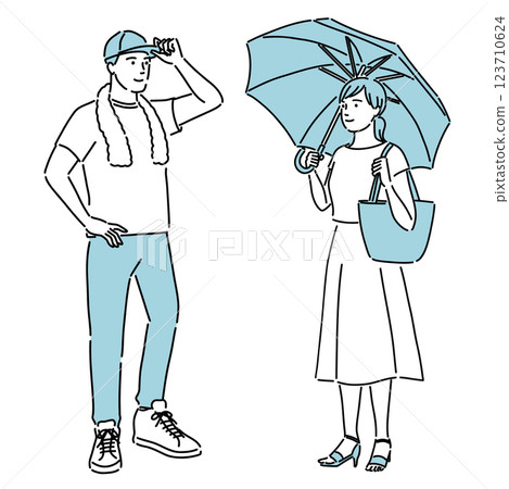 Illustration of a young man and woman taking measures against heat stroke Illustration of a young man and woman taking measures against heat stroke 123710624