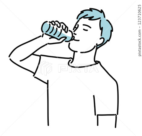 Illustration of a healthy man drinking water from a plastic bottle to prevent heatstroke 123710625