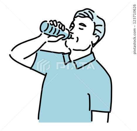 Illustration of a healthy middle-aged man drinking bottled water to prevent heatstroke 123710626