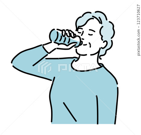 Illustration of a healthy gray-haired senior woman drinking bottled water to prevent heatstroke 123710627
