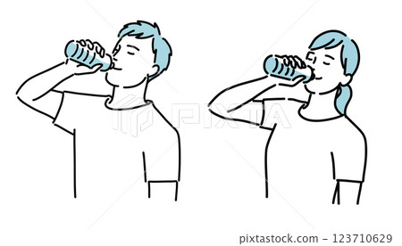 Illustration of a healthy man and woman drinking bottled water to prevent heatstroke 123710629