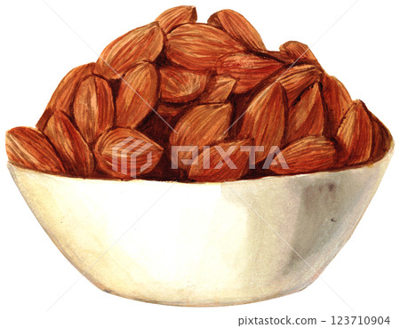 A mountain of almonds in a bowl, watercolor material 123710904