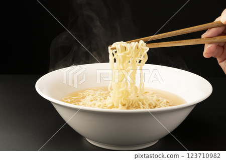 Picking up the noodles of plain ramen with chopsticks. Ramen without toppings. Picking up the noodles of plain ramen with chopsticks. Ramen without toppings. 123710982