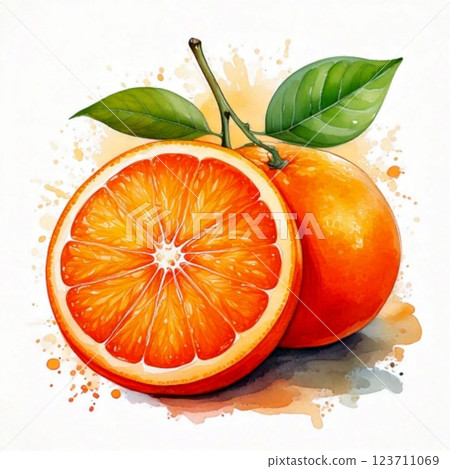 Oranges with leaves and oranges cut in half: Hand-drawn watercolor illustrations of fruits 1 123711069