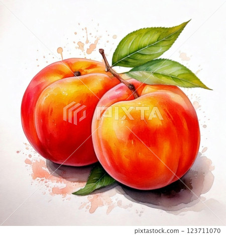 Peach with leaves - watercolor illustration of fruit 1 123711070